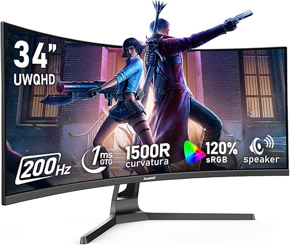 Gawfolk 34 Inch Ultrawide Curved 200Hz Gaming Computer Monitor,1500R PC Screen 21:9 UWQHD (3440x1440),120% sRGB,Adaptive Sync,Built-in Speaker,Display PortHDMI,Compatible with Wall mounting -Black