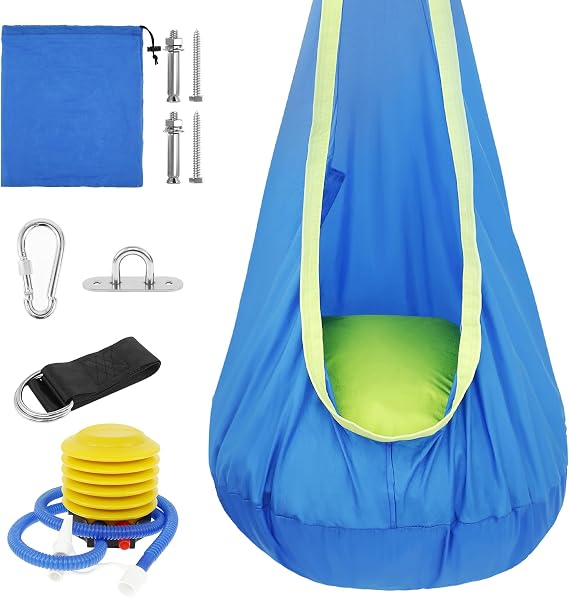 Kids Pod Swing Seat, Hammock Chair Swing with Inflatable Pillow, Double Layer Swing Holds up to 176lbs, Hanging Hammock Chair Sensory Swing Chair for Both Indoor and Outdoor Use