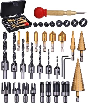 34 Pack Wood Working Chamfer Drilling Tools, 6 Countersink Drill Bit Set, 7 Counter Sinker Drill Bit Set, 8 Plug Cutters for Wood, 8 Drill Stop Bit Collar Set and 3 Step Drill Bits.