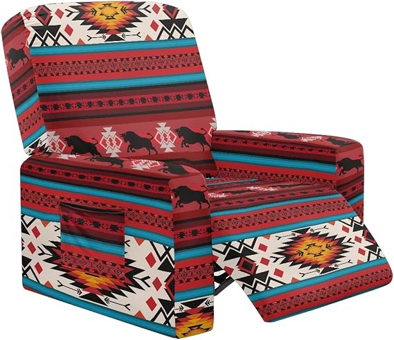Red Aztec Tribal Recliner Chair Covers 4-Piece Stretch Recliner Slipcovers Lazyboy Sofa Cover Soft Reclining Chair Couch Cover Washable Furniture Protector with Pocket for Living Room