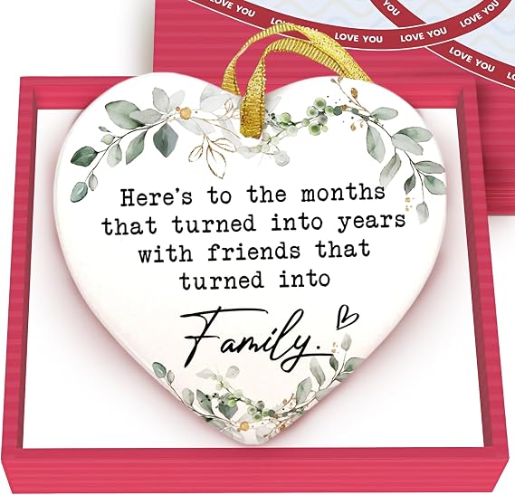 GOSSBY Friendship Ornament for Women for Friend - Friends that Turned into Family - Heart-Shaped Ceramic Xmas Decoration for Tree 20026