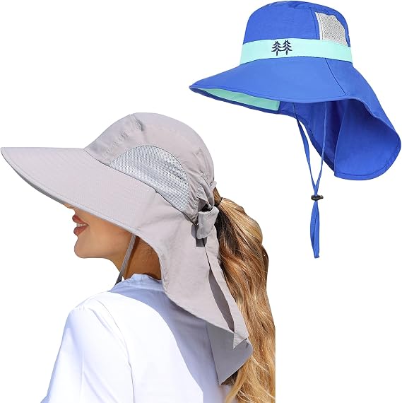 UPF 50+ Ponytail Sun Hat for Hiking, Camping, Fishing, Safari Light Gray & Wide Brim Sun Hat Kids Fishing Hat Royal Blue Bundle