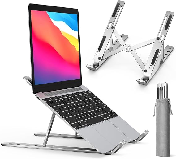 ivoler Laptop Stand for Desk, Adjustable Laptop Riser Aluminum Ergonomic Foldable Portable Tablet Holder, Notebook Stand for MacBook, Lenovo, Dell, HP, More 10-15.6” Laptops- Silver