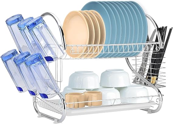 2-Tier Kitchen Dish Drying Rack with Utensil Holder, Space-Saving Dish Drainer for Countertops, Compact Dish Organizer for Plates, Cups, and Cutlery