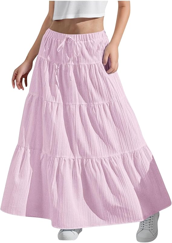 Maxi Skirts for Girls 2025 Summer Long Flowy Elastic High Waist Skirt Summer Casual Flowy A-Line Flared Travel Skirts