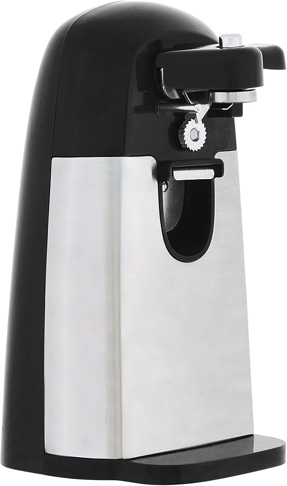 Amazon Basics 3-In-1 Electric Can Opener, Bottle Opener and Knife Sharpener with Stainless Steel Blade, Magnetic Lid Holder, Safe, Easy to Use, Powerful, Sleek Design, 50W, Black