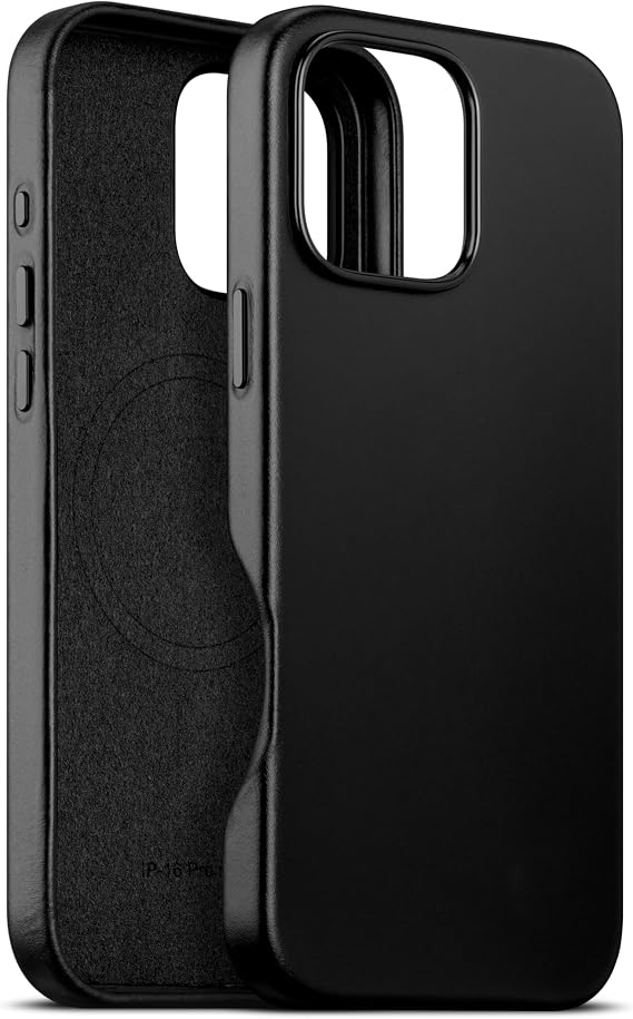 maogoam for iPhone 16 Pro Max Case Leather 6.9 inch, Compatible With MagSafe, Genuine Veg-Tanned Oil Wax Top-Grain Leather, Metal Buttons & Camera Bump Frame, Elegant Style, Gloss Black
