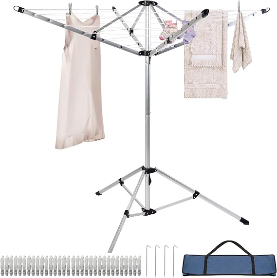 Umbrella Clothesline Outdoor Indoor, Rotary Retractable Clothes Line Outdoors Standing Drying Rack Clothing 4 Arms with 65 ft Heavy Duty Clothesline for Backyard