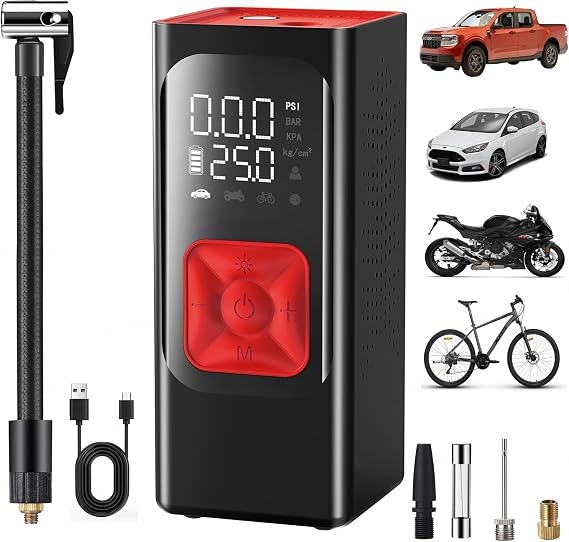 Tire Inflator Portable Air Compressor, 22 Cylinder 150PSI 4X Fast Inflation Cordless Air Pump for Car Tires, 6000mAh Electric Bike Tire Pump with LED Light for Car, Compact Trucks, Moto, Bike, Ball