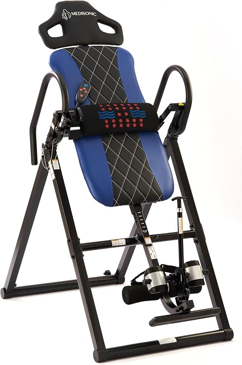 Pro Inversion Table with Adjustable Heat & Vibrating Massage Lumbar Pad, Diamond-Stitched Comfort Backrest, Multiple Inversion Angles, 300 lb Capacity, Home Use, Blue