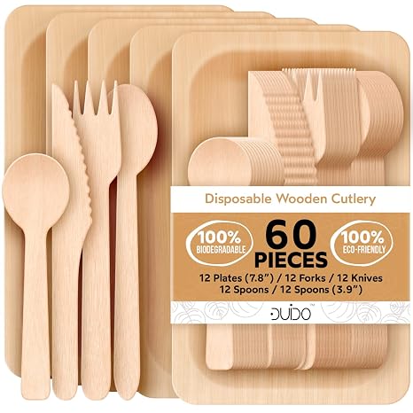 Disposable Biodegradable Plates and Wooden Cutlery - (Pack of 60) 12 7.8-inch Plates 12 Forks 12 Knives 12 Spoons 12 Small Spoons Eco-Friendly Silverware Compostable Flatware Biodegradable