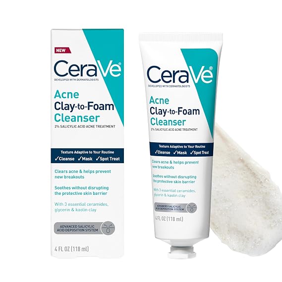 CeraVe Clay to Foam Acne Face Wash, Salicylic Acid Spot Treatment, 4 Oz | 3-In-1 Kaolin Clay Mask and Foaming Facial Cleanser with Glycerin and Ceramides Acts As a Blackhead Remover To Clear Acne