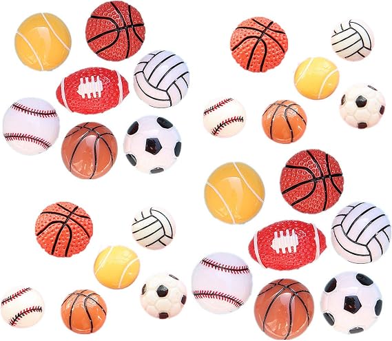26Pack Assorted Sport Ball Slime Charms No Clips Basketball Football Tennis Baseball Volleyball Resin Flatback Beads for Fairy Garden Accessories Scrapbooking Phone Case DIY