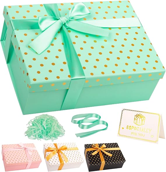 Luxury Green Gift Box with Lid 25x18x9cm Medium/Large Empty Gift Boxes for Presents, Gift Box for Birthday Anniversary Wedding Christmas Valentines Present Box with Ribbon Girls Her Women