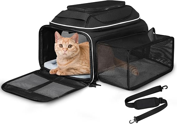 Top and Side Expandable Small Pet Carrier Airline Approved, Black | 17"Lx12"Wx8.5"H, for JetBlue/Frontier/Spirit Airlines, Pets Under 8 Lbs, Lockable Zippers, Soft-Sided, Anti-Scratch Mesh