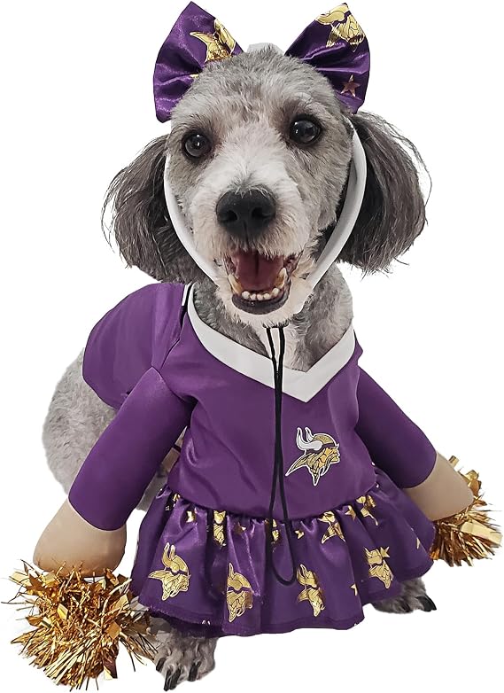NFL Minnesota Vikings Officially Licensed Cheer Dog Costume by MODERN HERO Includes Dress with Faux Stuffed arms and Tinsel pom-poms and Satin Bow Headband, Size S