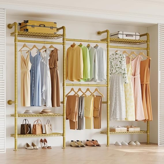 Higeego W3 Wall Mounted Closet System, Expandable Industrial Pipe Clothes Rack Clothing Rack for Hanging Clothes, Heavy Duty Garment Rack Closet Organizers and Storage Reach in Closet, Gold