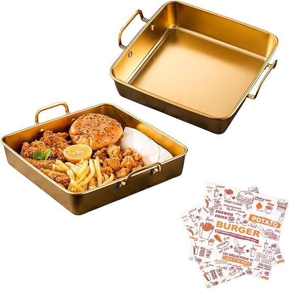 Stainless Steel Square Baking Pan, 2-Piece 10-Inch Deep Cake Pan Set with 50 Parchment Papers, Nonstick Bakeware for Brownies Pizza Lasagna