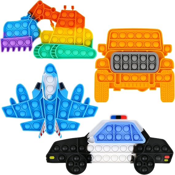 EVERMARKET 4 Pack Push Pop Bubble Sensory Fidget Toys,Rainbow Simple Fidget Toy Pack Bubble Popper Silicone Squeeze Toy Stress Relief Hand Toys Popping Game(Excavator,SUV,Aircraft, Police Car)
