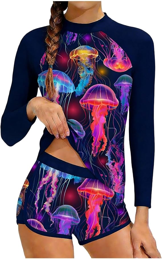 Cute Girls Sunscreen Swimsuit Long Sleeve Shirt+ Boyshorts 2-Piece Cute Coloful Jellyfish Graphic Rash Guard Sets Blue