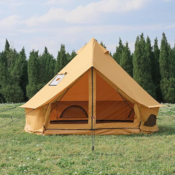 10/13/16/20ft Canvas Bell Tent with Stove Jack & Removable Floor | Yurt Cotton Tent Fits 2-3 People. 4-Season for Family, Car Camping, Hunting, and Parties. Mesh Windows for Ventilation