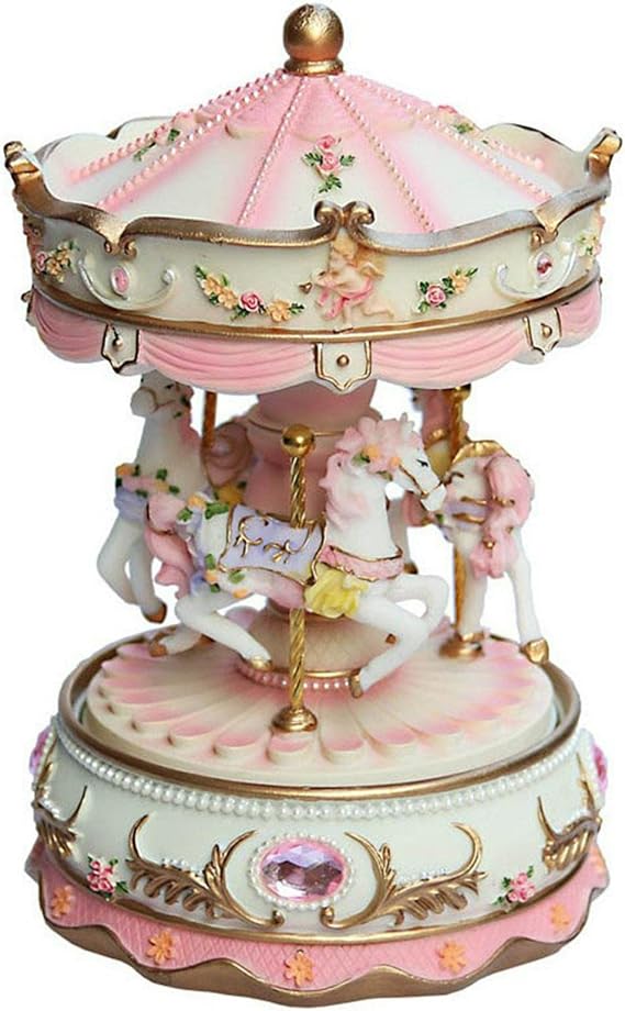 Carousel Music Box for Girls, 3-Horse Rotating Carousel Windup Color Change LED Lights for Daughter Birthday Christmas Festival Music Box Artware (COLOR:Pink)
