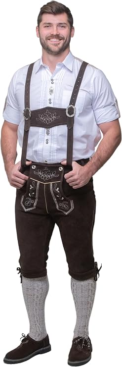 Men's Long Brown Bavarian Leather Lederhosen Bundhosen Traditional German Oktoberfest Pants