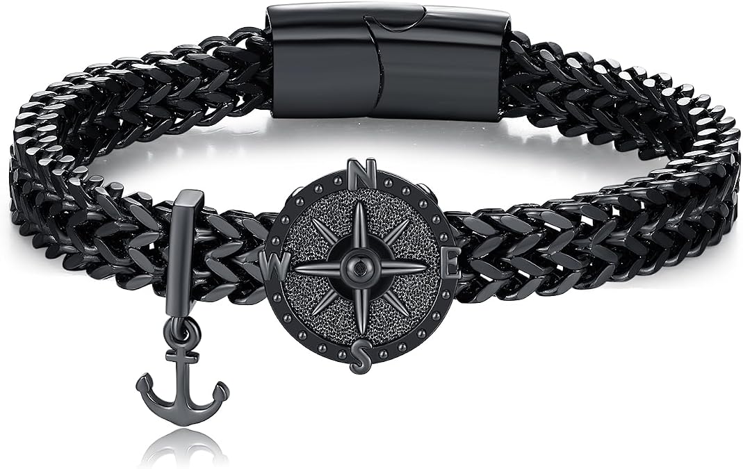 MEDWISE Compass Bracelet for Men Black 925 Sterling Silver Viking Anchor