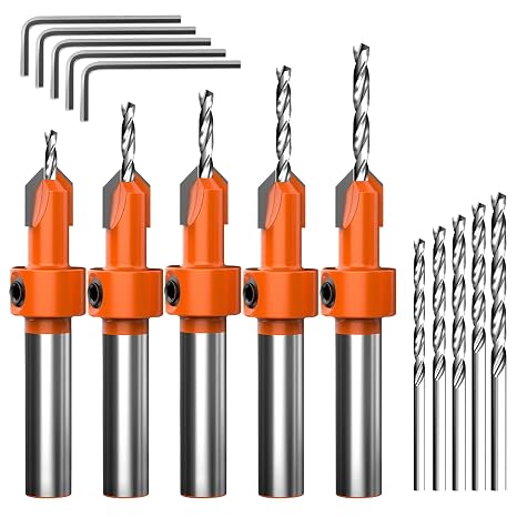 5Pcs 8mm Wood Counter Sink Drill Bits, Adjustable Countersink Bit | Counter Sink Bits with 5 Free Replaceable Drill Bits and 5 Hex Wrench, for Woodworking, MDF, Plastic, Precise Pilot Holes