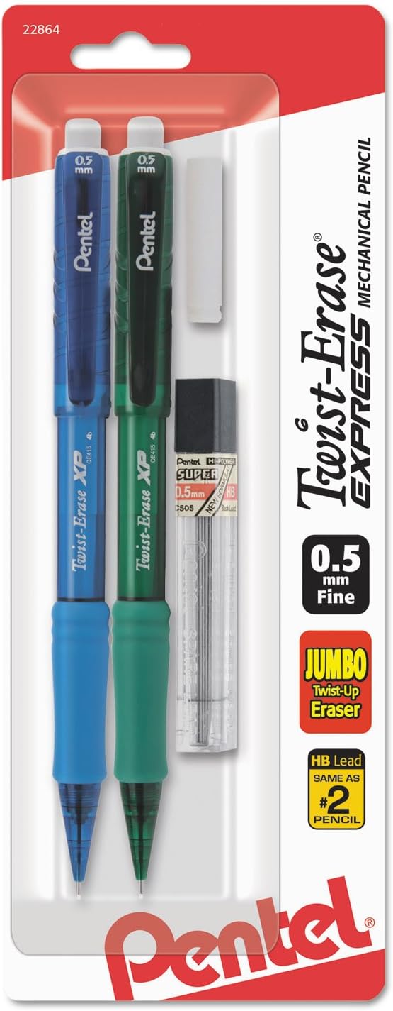 Pentel Twist-Erase Express Automatic Pencil with Lead and Eraser, 0.5mm, Assorted Barrels, 2 Pack (QE415LEBP2)