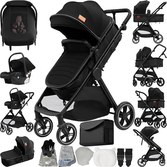 3 in 1 Baby Stroller Travel System, Pushchair 3 in 1 Set, Toddler Pram with Reversible Two Pushing Modes, Newborn Buggy Aluminum Frame, Infant Carriage One-Click Folding (V10 Black)