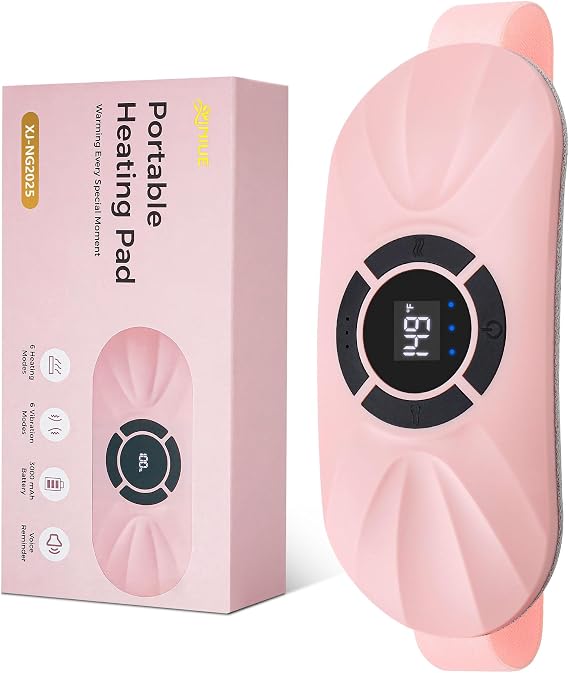 Portable Cordless Heating Pad for Period Cramps, Voice Reminder Menstrual Heating Pad with 6 Heat Levels and 6 Massage Modes, 3s Fast Heating, Gifts for Women Girls, Pink