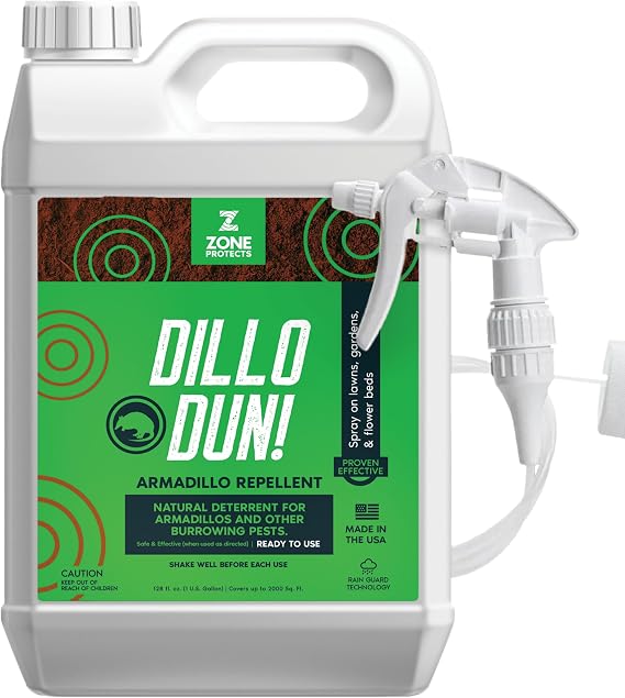 Zone Protects Dillo Dun! Armadillo Repellent Spray. Stop Armadillos from Digging in Your Yard, Gardens and Flower Beds. Natural, Long-Lasting Armadillo Repellent Liquid Spray