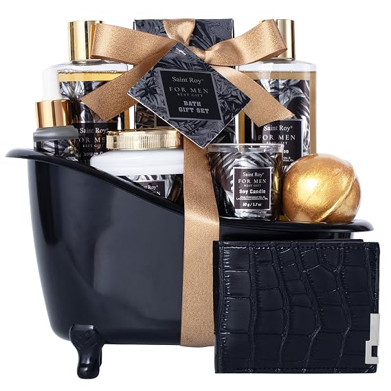 Gift for Dad Spa Gifts for Men Bath & Body Kit Spa Gift Set, Man Spa Basket | Man Spa Basket Set for Dad, Mens Perfume Bath & Body Gift Set, Ideal Christmas Birthday Self Skin Care for Man Leather Wallet