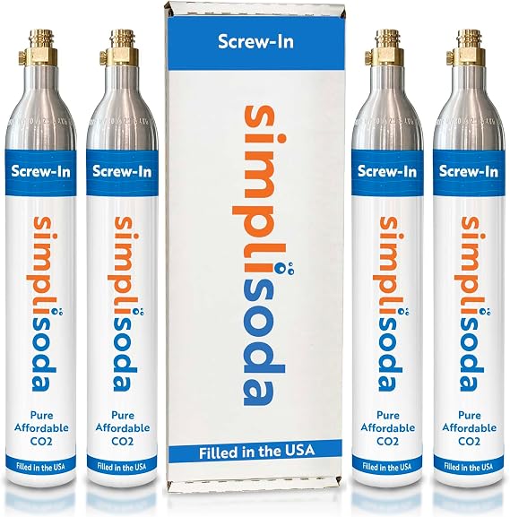 Simpli Soda 60L CO2 Canister Cylinders - Compatible w/Sodastream BLUE Screw-In Only, Ninja Thirsti, Philips, and More - Threaded Style Soda Streaming Machine CO2 Tanks Gas Refill, | 14.5 oz, Set of 4