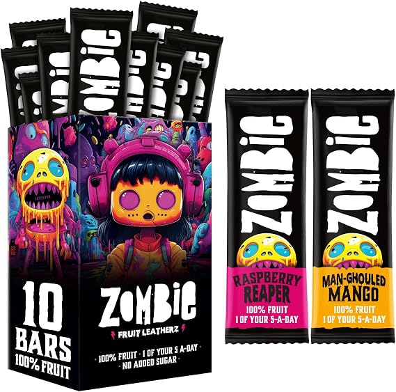 Zombie 100% Fruit Bars, Raspberry & Mango, Healthy Snacks, 10 x 25g Bars