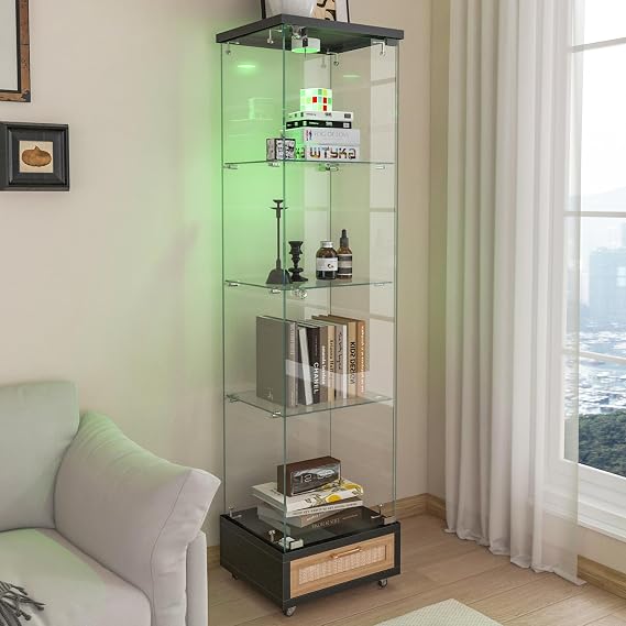 LED Glass Display Cabinet with 1 Door & 1 Rattan Drawer, 4-Shelf Curio Cabinet Tempered Glass Floor Standing Bookshelf with Wheels, Black Storage Cabinet with Glass Doors for Collections Living Room