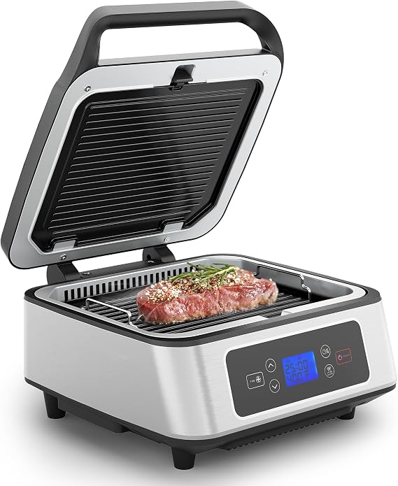 Electric Panini Press Sandwich Maker, 1300W Smokeless Indoor Grill with Removable Non-Stick Plates, Auto-Lift, Fan, Independent Upper Heating, Smart Time & Temperature Control, Silver