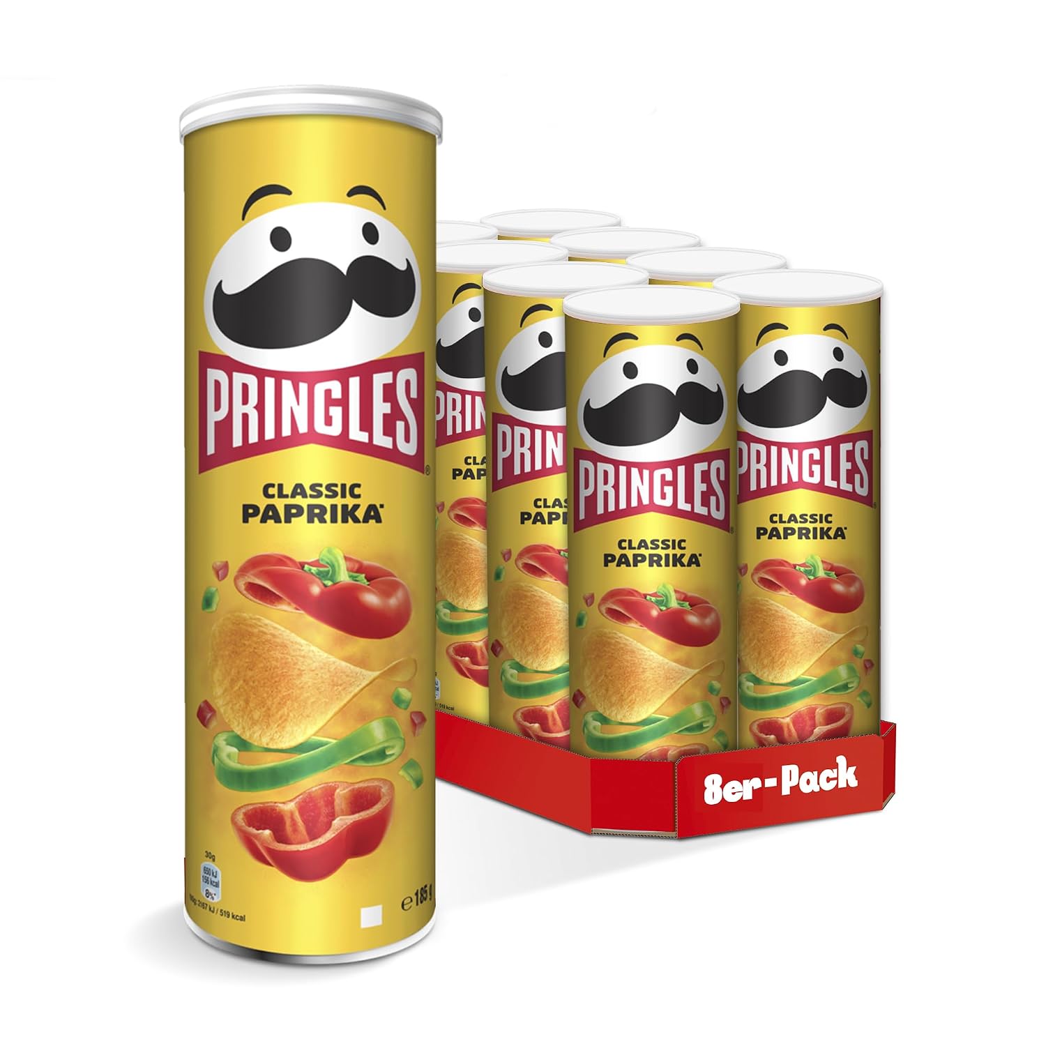 Pringles Classic Peppers 8 x 165g - The Irresistible Snack Classic in a Handy Tin - Crisp Pepper Flavored Chips - Pop Play. Eat