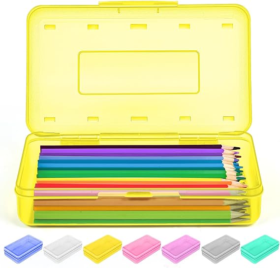 Sooez 1 Pack Clear Pencil Box, Plastic Hard Pencil Case with Stickers, Large Crayon Box with Snap-tight Lid, Stackable Storage Box Art Craft Marker Organizer Box for Kids Boys Back to School, Yellow