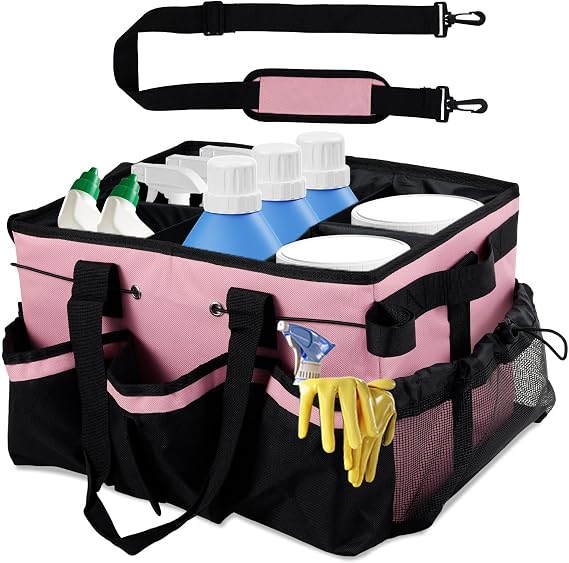 Cleaning Caddy with Handle, Shoulder Strap and Multiple Pockets, 38x26x23cm Large Capacity Cleaning Products Organiser for Housekeepers, Oxford Fabric Car Wash Tools Bag for Detailing Supplies (pink)