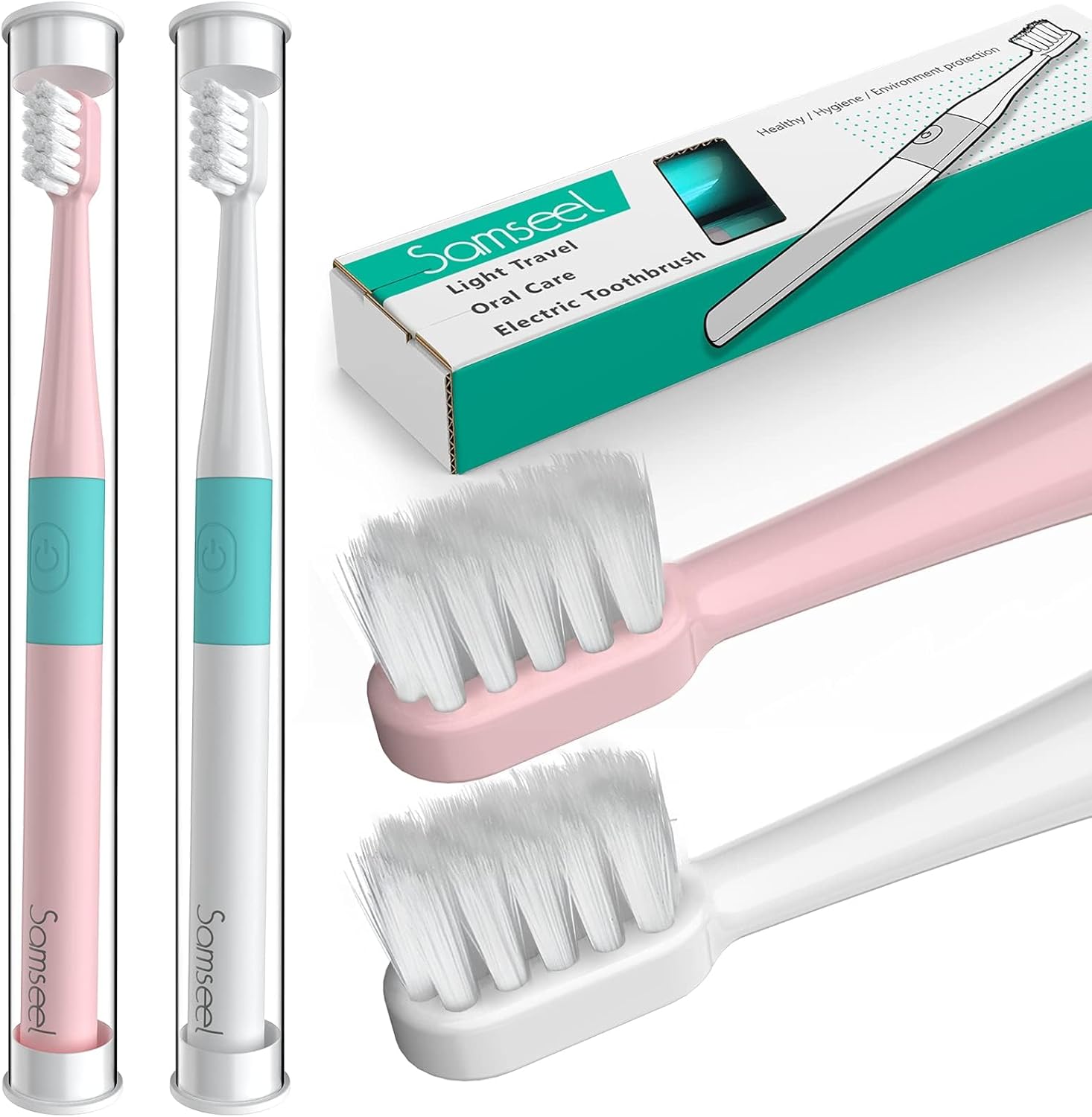2-Pack, White and Pink Sonic Electric Toothbrush Lasting for 90 Days Travel Essential Waterproof Portable Mini Design for Daily Oral Care Business Travelling and Holiday Use
