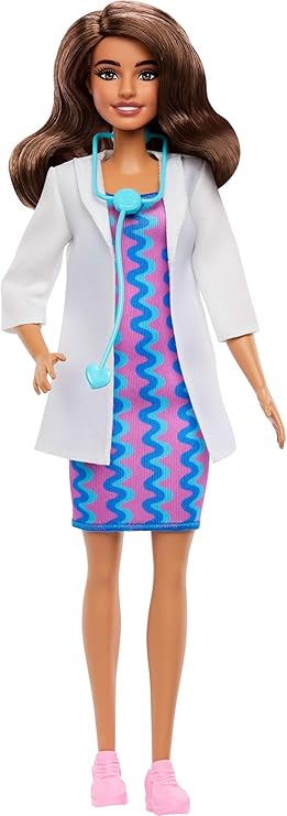 Barbie Careers Doctor Fashion Doll Wearing Removable Look with White Coat, Dress & Shoes, Plus Stethoscope Accessory