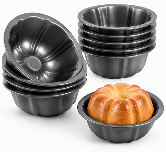 10 Pcs Mini Flan Molds Pan, 4 Inches Fluted Cake Pan Nonstick, Carbon Steel Mini Flan Molds Pans, Cake Pans Reusable Tube Oven Baking Mold for Cupcake, Bread, Bavarois, Brownie
