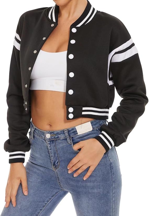 Womens Varsity Jacket Cropped Bomber Jacket Casual Baseball Coat Streetwear
