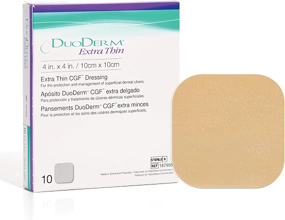 Convatec DuoDERM Extra Thin Control Gel Formula 4"x4" Hydrocolloid Sterile Adhesive Dressing for Superficial Wounds, Low Friction, Latex-Free, Waterproof, Square, Beige, 10ct Box