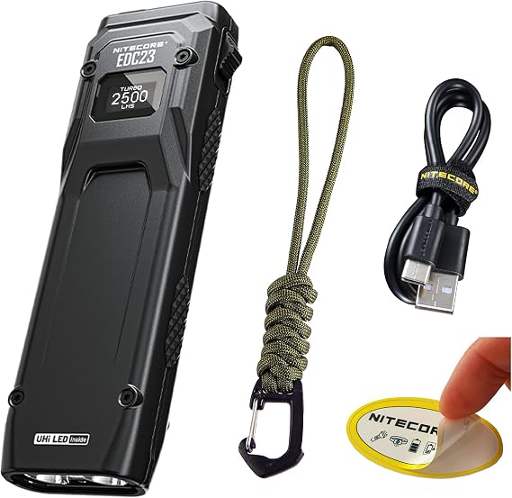 Nitecore EDC23 EDC Flashlight, 2500 Lumen Ultra-Slim Flat Shape USB-C Rechargeable Fast Charging with Digital OLED Display, Mechanical Lock Switch