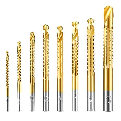 8 Pack Titanium Coated HSS Step Drill Bits, 3-10mm Hex Shank Serrated Side Cutting Bit Set, Precise Hole Enlarging & Grooving Tool for Wood Metal Plastic Aluminum