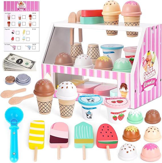 Ice Cream Toy, Wooden Pretend Play Toys Play Store for Kids, Wooden Ice Cream Play Set with Scoop, Menu, Fake Money, Ice Cream Toys Play Kitchen Food Gifts for 3 4 5 6 Year Old Toddlers Girls Boys