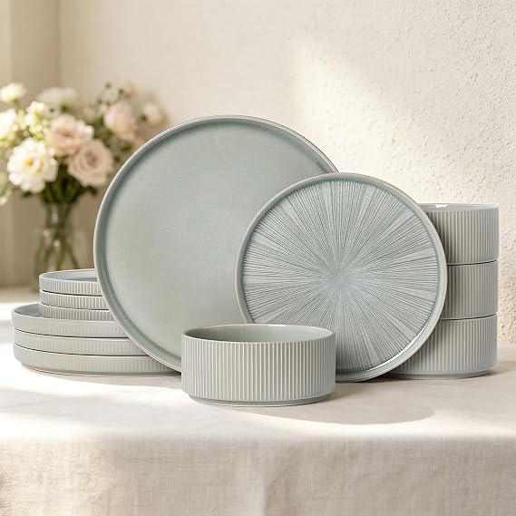 Stoneware Dinnerware Sets for 4, 12-Piece Plates and Bowls Set, Light Green